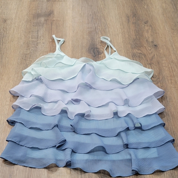 Candie's Tops - CANDIES, Ombre Ruffle Spaghetti Strap Tank, Small, Blue Tones 100% Polyester